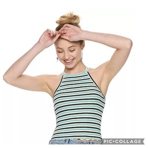Mudd High neck blue green stripe crop tank y2k 2000s summer light 90s Womens Med